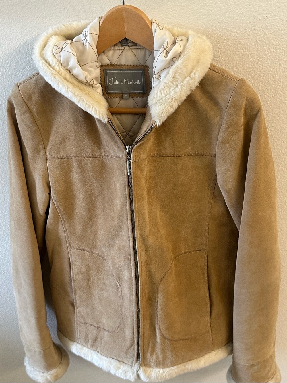 Juliet Michelle Tan Suede Hooded Zip Jacket w/ Faux Shearling Trim (NEVER WORN)